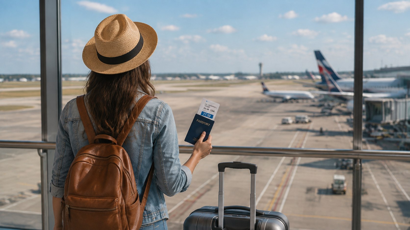 Traveler with a passport and suitcase looking across an airport runway