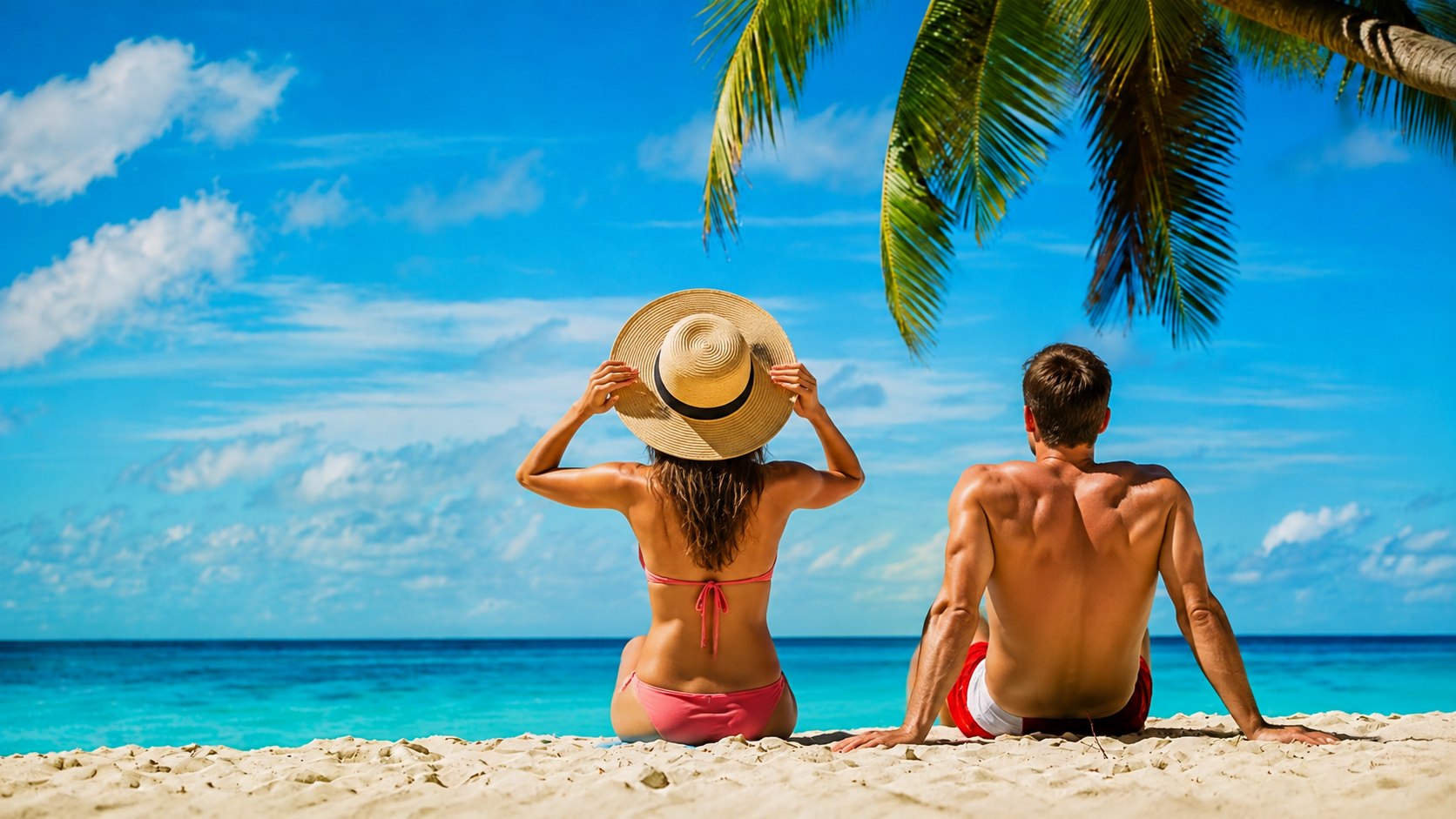Couple relaxing together on a tropical beach during a honeymoon holiday