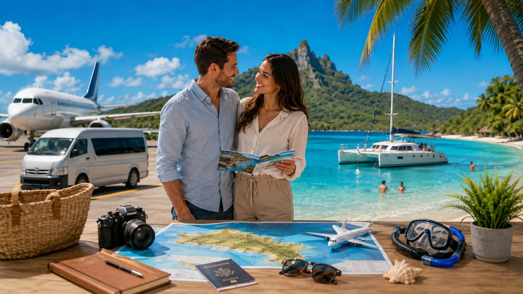 Couple comparing a complete travel plan with flights, transfers, maps, and island activities